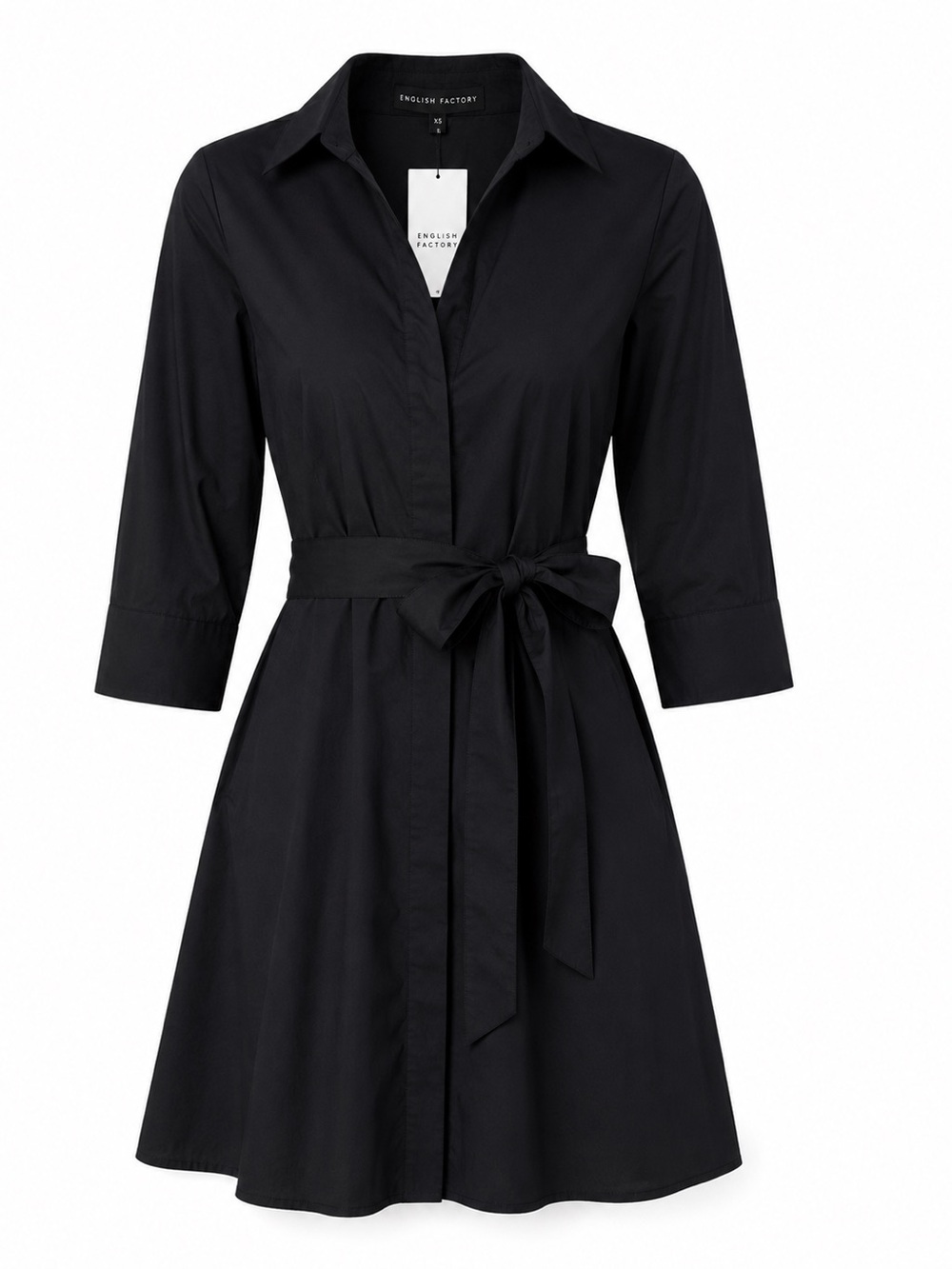 English Factory Black Shirt Dress XS BNWT Belted Tie Neck Mini Pockets